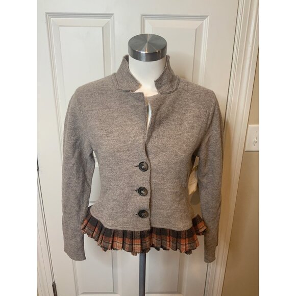 Rosie Neira Light Brown Boiled Wool W/ Pleated Plaid Hem, Size L - Picture 1 of 5